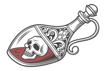 23 Glass bottle, human skull inside, red liquid, transparent container, ornate silver handles, spooky potion, gothic aesthetic, dark fantasy, alchemy, detailed illustration, realistic rendering, high 