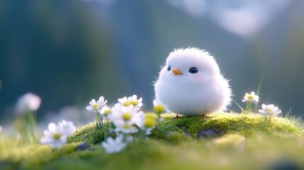 Fluffy chick nestled amongst wildflowers