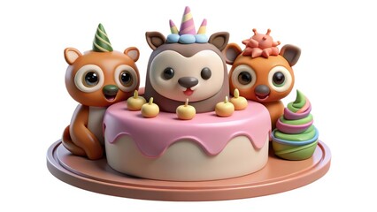 Birthday Cake Colorful cartoon animals celebrate with a birthday cake and ice cream in a whimsical setting.