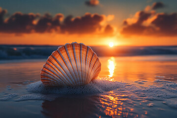 Muschel in Meereswellen mit Sonnenuntergang im Hintergrund  
