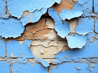 Peeling Blue Paint on Aged Brick Wall.