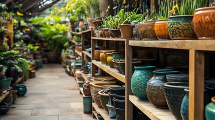 A garden center displays a wide variety of decorative planters on wooden shelves