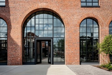 Brick building exterior with large arched windows and open doors inviting guests in a contemporary urban environment during daylight