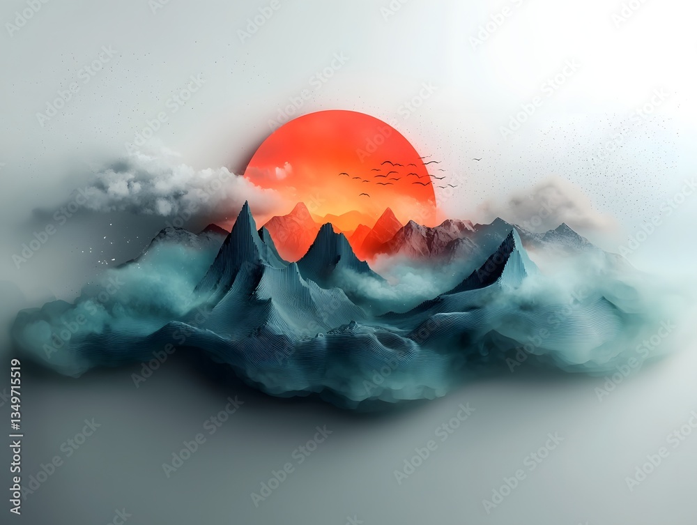 Poster dramatic and surreal landscape created from algorithmic weather data featuring a vivid visualization
