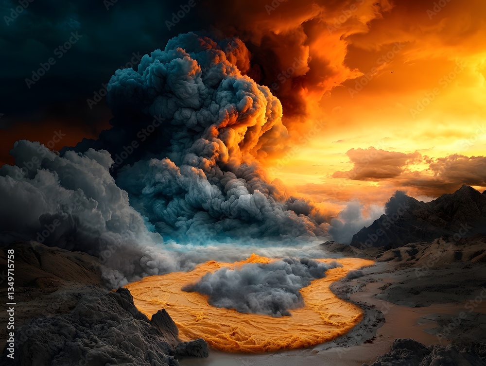 Poster dramatic fluid dynamic rainfall pattern visualization in surreal data driven topographic landscape w