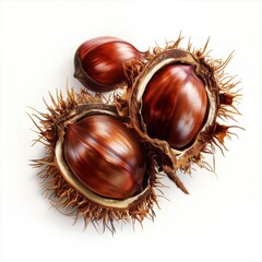 Ripe glossy chestnuts partially in spiky shell on white background, symbolizing autumn harvest and seasonal nutrition. Perfect for fall recipes, organic food, and vegetarian themes.