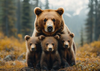 Fototapeta premium Mother brown bear cubs autumn forest wildlife