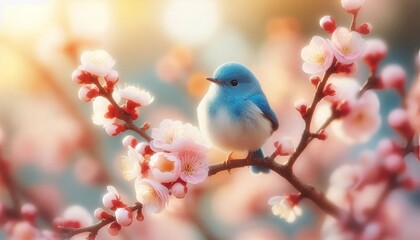 Fototapeta premium Oiseau bleu et fleurs en harmonie, symbole de liberté, de joie et de beauté, associés à des fleurs délicates