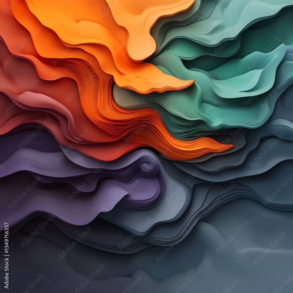 Poster dynamic topographical data map visualization showcasing a fluid flowing landscape in vibrant colors 