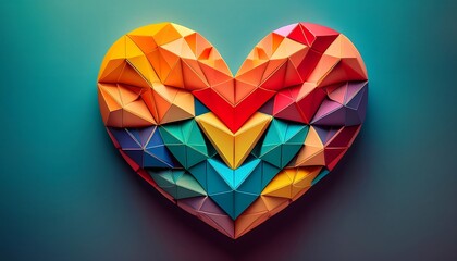 Colorful Origami Heart Composed of Geometric Triangles on Neutral Background. Generative AI