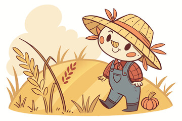 24 Cute cartoon scarecrow, watercolor illustration, whimsical, straw hat, plaid shirt, denim overalls, big smile, autumn colors, harvest season, childlike, friendly, standing in field, charming, nosta