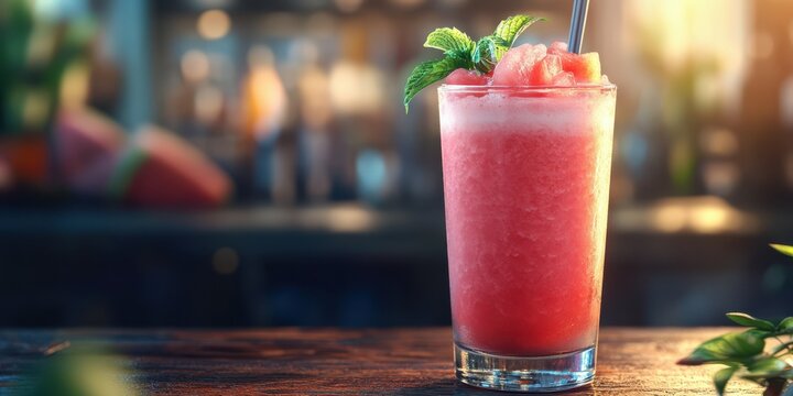 Refreshing watermelon drink served in a glass garnished with mint leaves in a vibrant bar setting during sunset