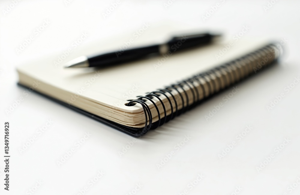 Poster black pen rests on open notebook. blank pages, spiral binding. workplace, office setting. ready writ