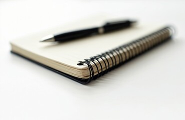 Black pen rests on open notebook. Blank pages, spiral binding. Workplace, office setting. Ready write notes, plan, organize, create content. School, education, business, study, work session.