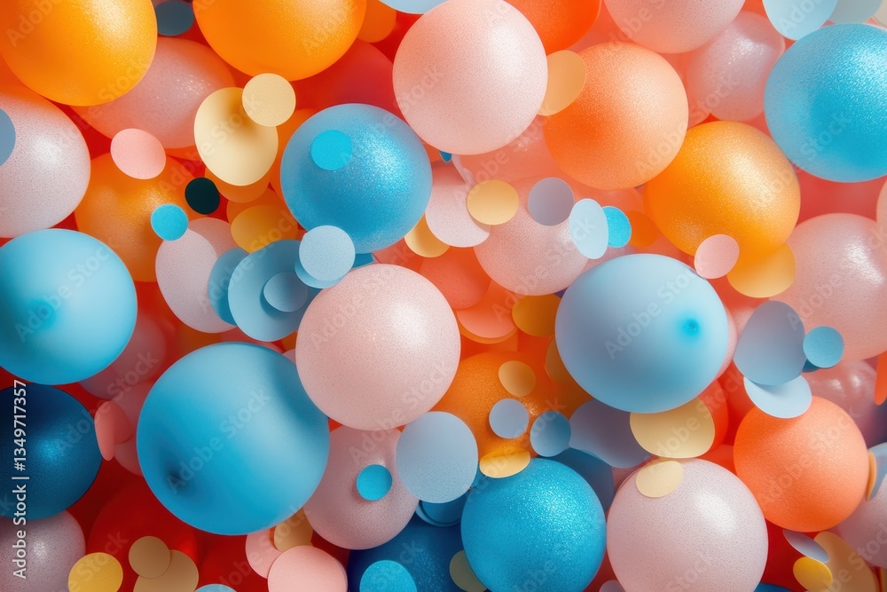 Poster Colorful assortment of spheres and confetti elements arranged in a vibrant display for a festive celebration