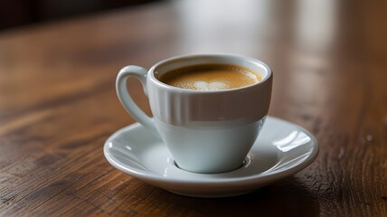 Close-up of an espresso cup filled with white saucer on a wooden table.  Plantation