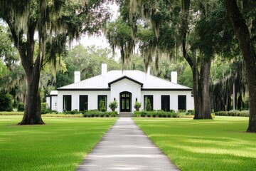 Historic plantation home surrounded by lush greenery and Spanish moss, showcasing stunning architecture and inviting pathway in the afternoon light