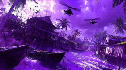 Purple Hue Helicopters over Water Village