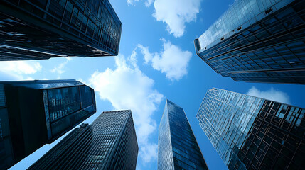 Fototapeta premium Low Angle View Of Modern Skyscrapers Reaching Towards A Vibrant Blue Sky With Scattered White Clouds And Reflective Glass Facades