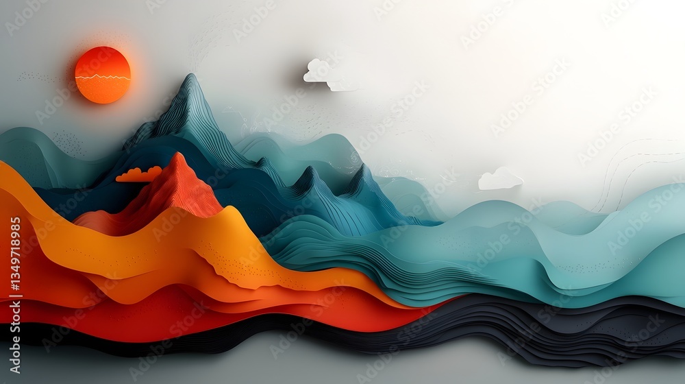 Poster evocative abstract landscape artwork depicting fluid dynamic topographical patterns and data visuali