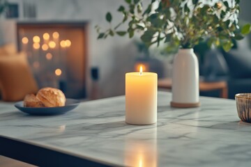 Cozy Living Room Atmosphere with a Lit White Candle, Soft Lighting, Natural Decor, Wooden Furniture, and Subtle Warm Background in a Comfortable Home Setting