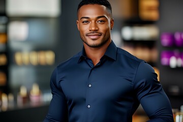 Obraz premium Enthusiastic African man store employee in a navy blue shirt assisting customers with beauty and skincare products.