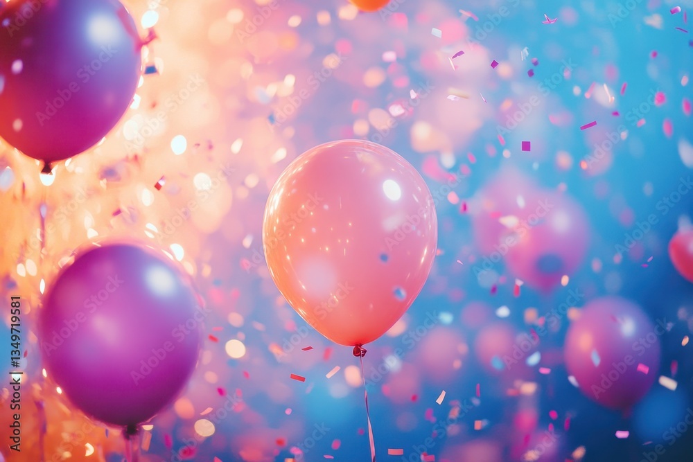 Poster colorful assortment of spheres and confetti elements arranged in a vibrant display for a festive cel