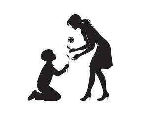 A minimalist vector of a son giving flowers to her mother, soft and emotional.