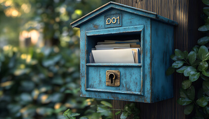 Rustic Blue Wooden Mailbox with Papers, Keyhole, Number 001, Garden Setting