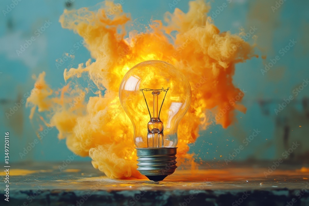 Aufkleber Bright light bulb illuminating a vibrant swirl of orange, symbolizing creativity and inspiration in a dynamic artistic abstract design