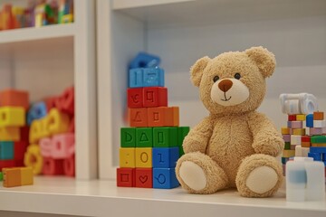 Cozy teddy bear surrounded by colorful toys on a bright shelf, creating a playful and warm atmosphere in a child's room for a cheerful environment.