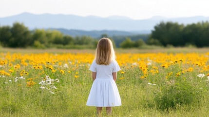 Fototapeta premium Girl in white dress, wildflowers field, mountains
