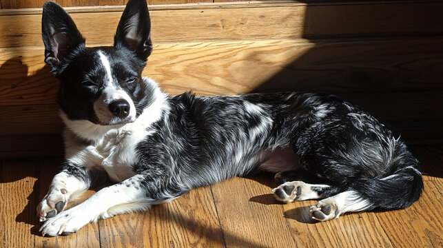 A confident dog laying comfortably on the floor in a relaxed posture, exhibiting calmness and self-assurance in its environment.