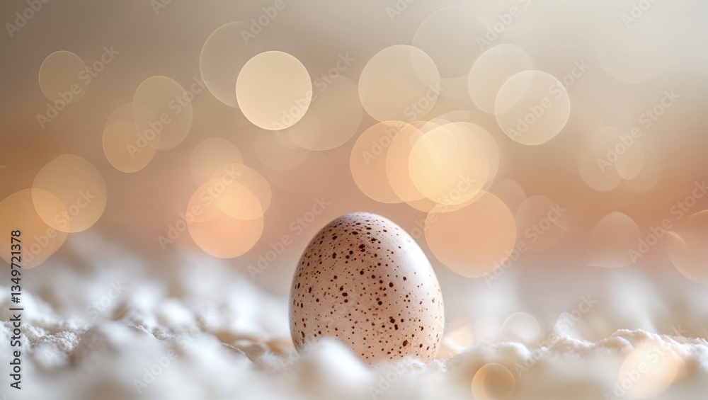 Poster speckled egg resting on soft surface with warm bokeh lights creating a serene atmosphere in a close-