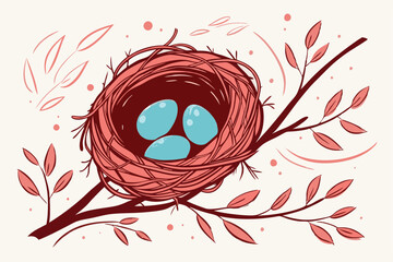 26 Watercolor painting, bird's nest, bright red nest, robin's eggs, vibrant blue eggs, splattered paint effect, colorful, artistic, nature illustration, spring theme, delicate leaves, whimsical style,