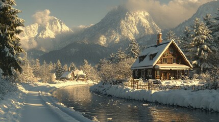 Fototapeta premium Snowy mountain cabin river winter landscape postcard