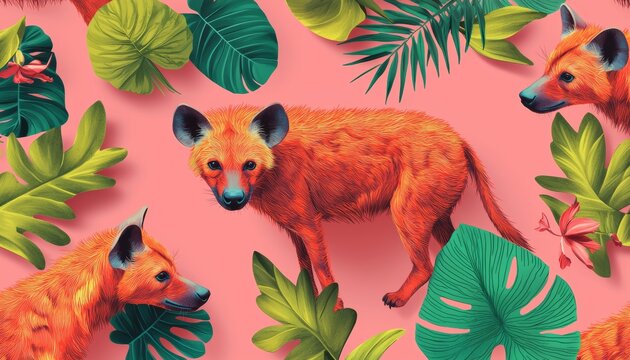 A vibrant illustration featuring stylized orange animals among lush tropical leaves on a pink background.
