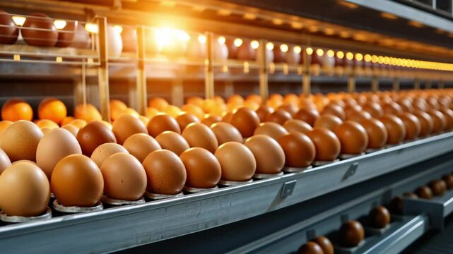 Egg production process showcases automated assembly line in modern facility during early morning hours