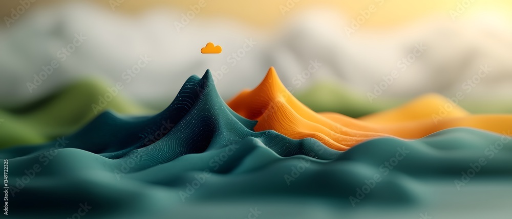 Poster flowing digital landscape with undulating luminescent topographic terrain visualizing atmospheric we