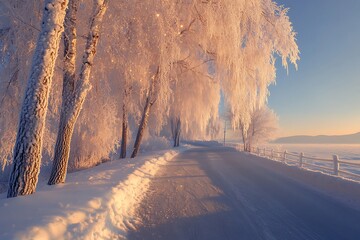 A frost-covered road with icy trees sparkling under the early morning sun.