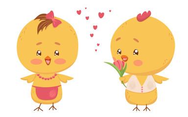 Loving couple of newlyweds on romantic date. Vector isolated drawing young hen in costume jewelry and rooster with flower. Pink hearts in the air. Print for children's room, lovers day, mothers day