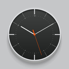 Simple dark clock in realistic flat style, with arrow and  numbers. Time on gray background. Business watch. Vector design element for you project