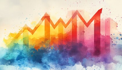Naklejka premium vibrant watercolor illustration of a growth chart, showcasing rising business trends and progress in analytics with colorful strokes and dynamic visuals