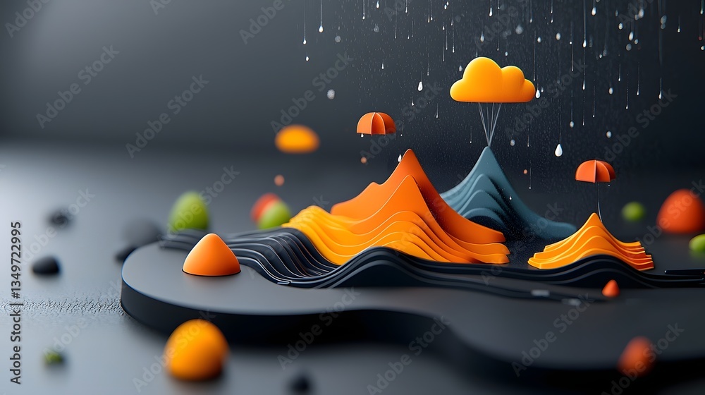 Poster flowing rainfall pattern map with fluid topographic data visualization dynamic weather analytics das