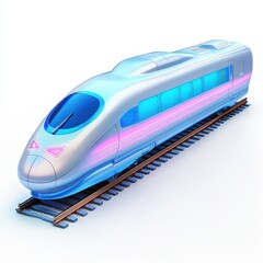 Naklejka premium Sleek, futuristic silver train with neon highlights on a track against white symbolizing innovation, perfect for transport and technology ads.