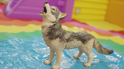 Playful wolf figurine, indoors, colorful play area, howling