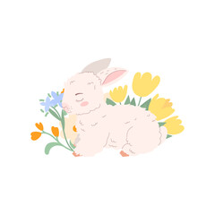 Happy Easter. Religious christian symbol lamb of god and spring flowers. Lamb is symbol of Christ's sacrifice. A cute lamb is lying surrounded by flowers. Vector illustration