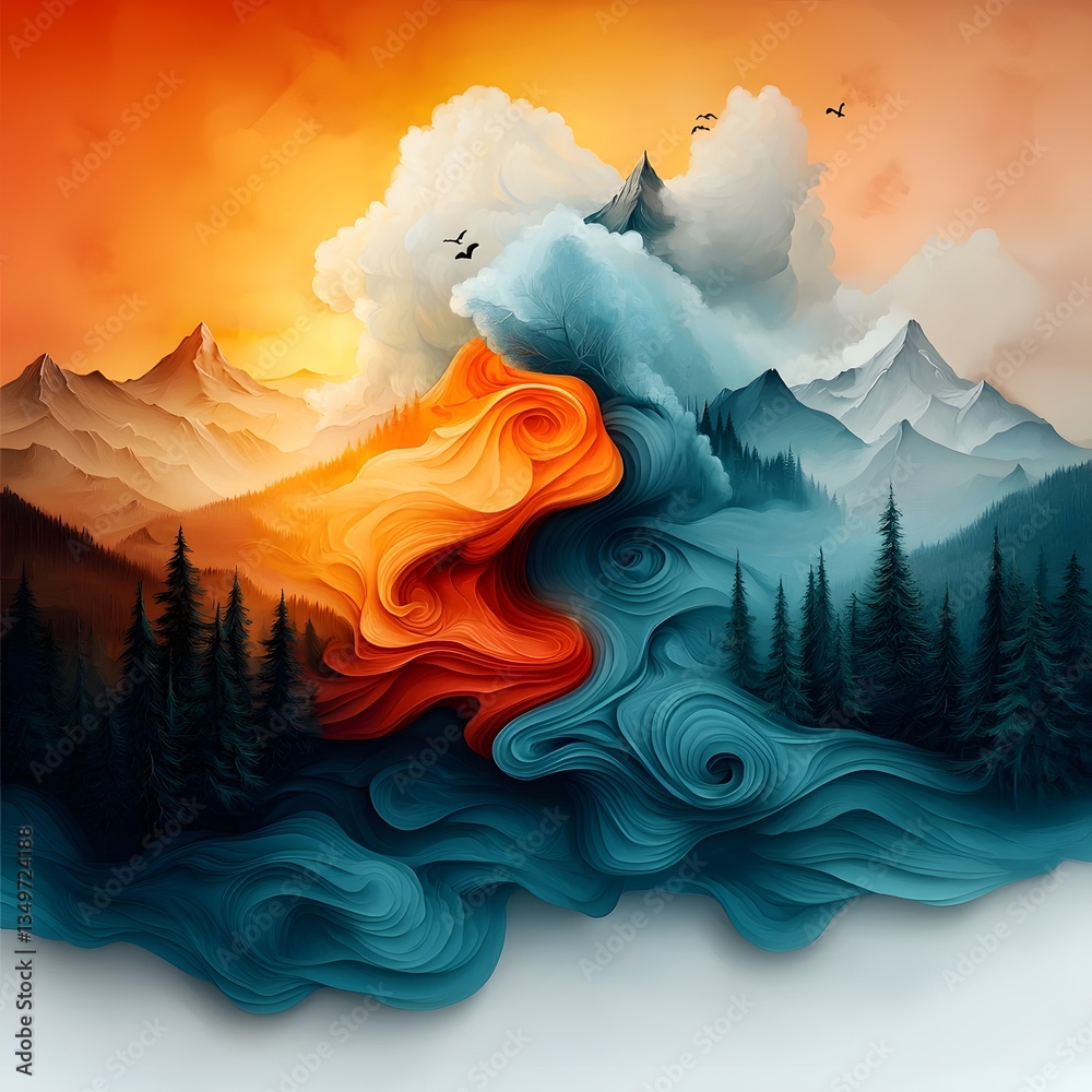 Poster fluid topographic landscape visualization with generative rainfall pattern and data driven weather s
