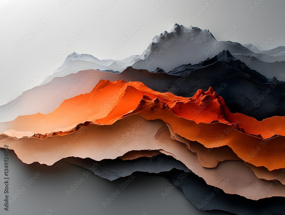 Poster fluid undulating rainfall pattern mapping across a geospatial terrain muted color tones and dramatic