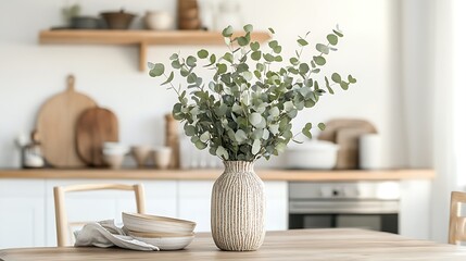 A vase of eucalyptus branches sits on a light wooden table in a bright kitchen